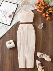 2pcs Big Girls Ribbed Knit Cami Top & Midi Skirt Set - Ecru | 21 Ce...