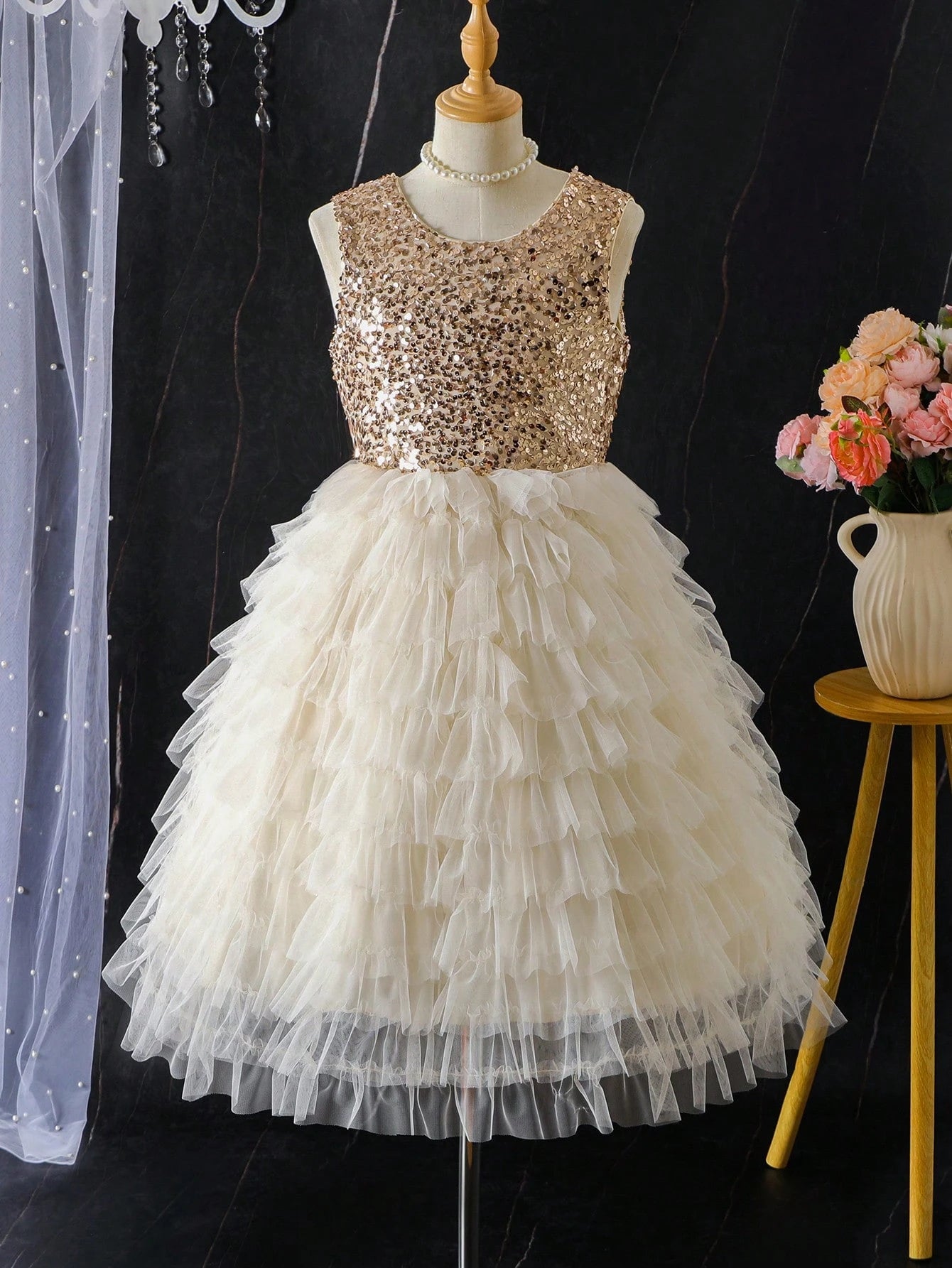 Big Girls Sequin Bodice Tiered Tulle Party Dress - Ivory | 21 Centu...