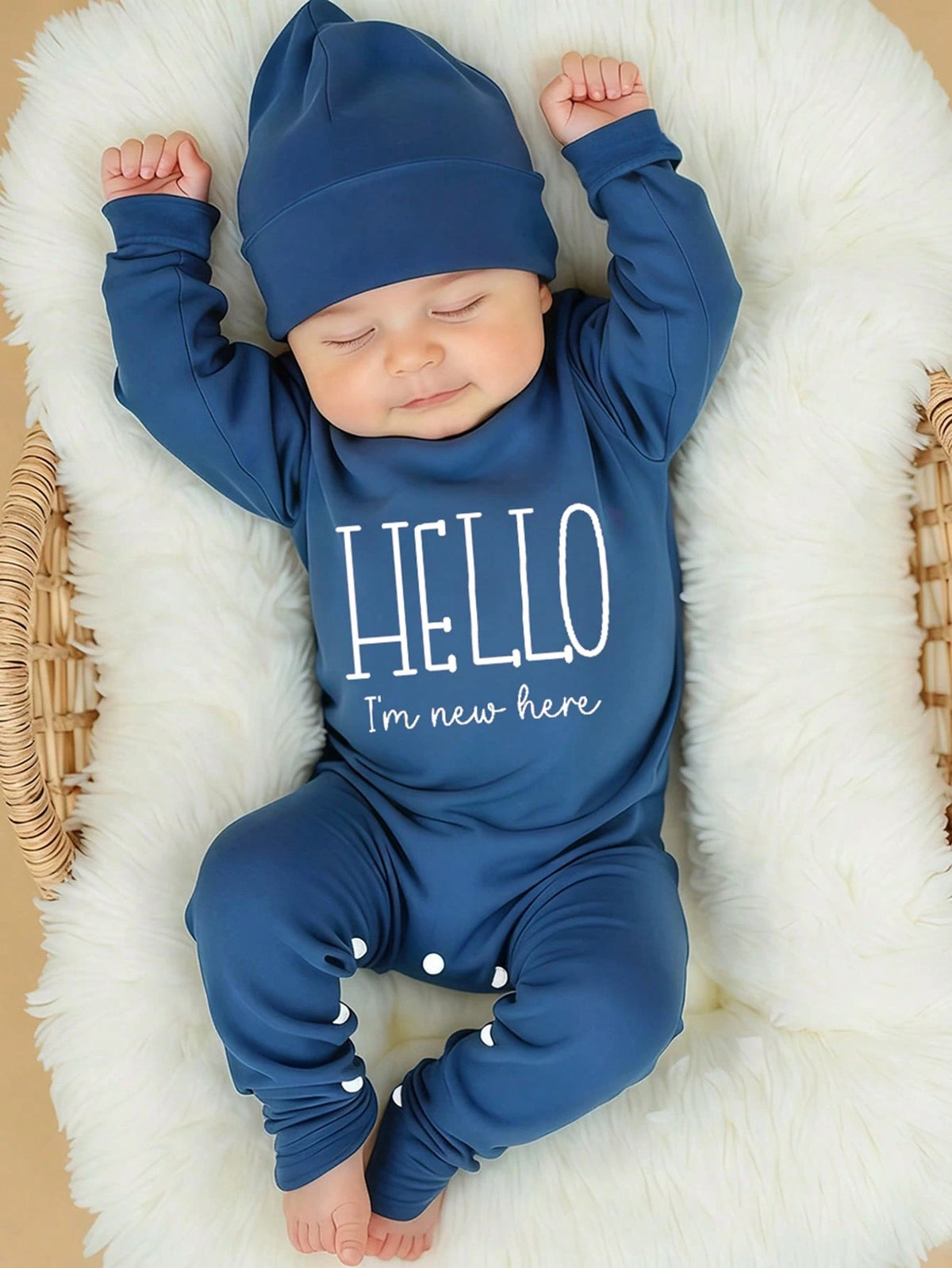 Baby Boys Hello Slogan Knot-Hat Romper Set - Steel Blue