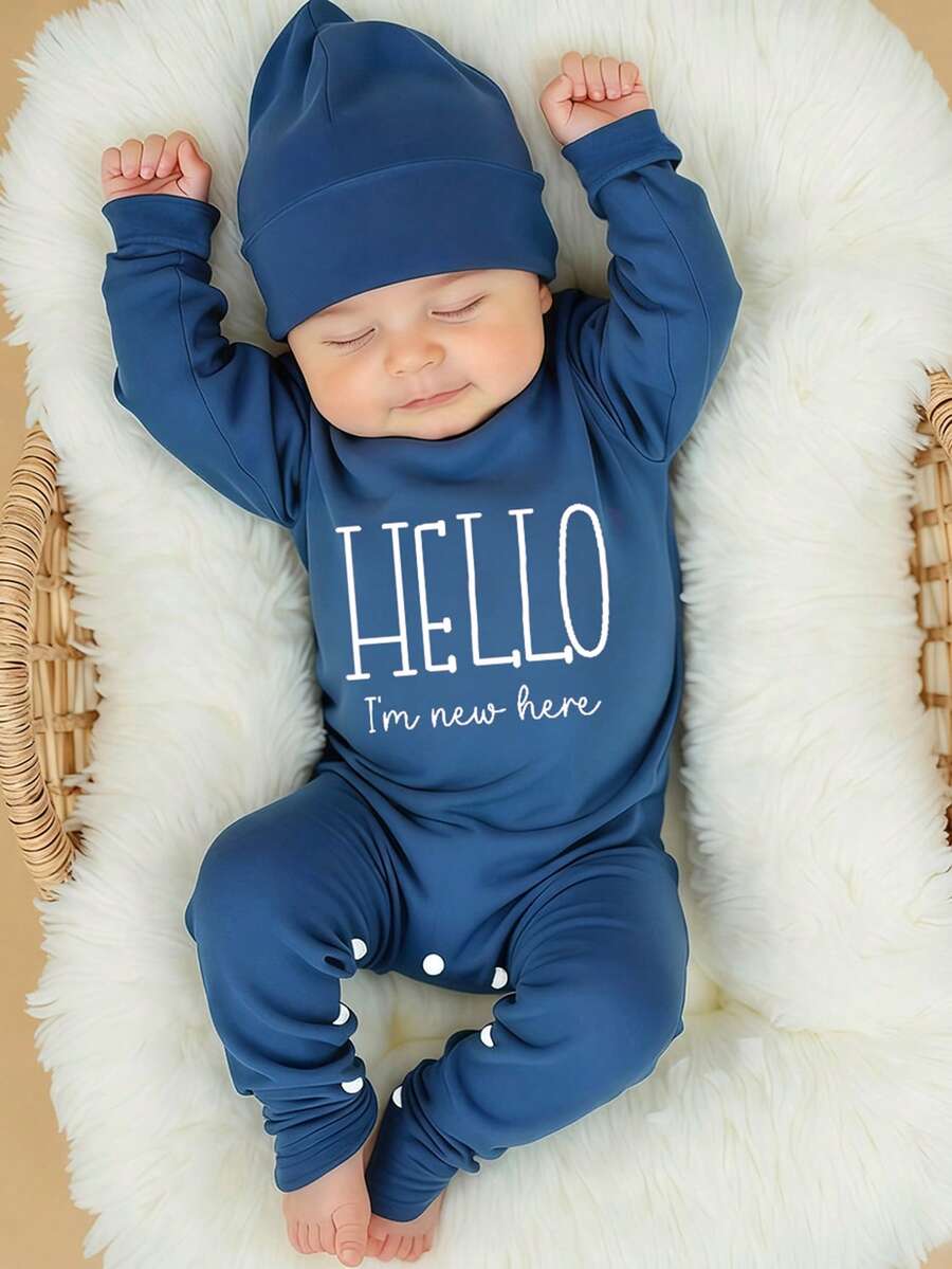 Baby Boys Hello Slogan Knot-Hat Romper Set - Steel Blue