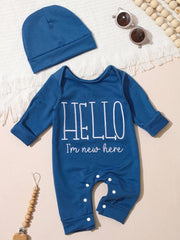 Baby Boys Hello Slogan Knot-Hat Romper Set - Steel Blue