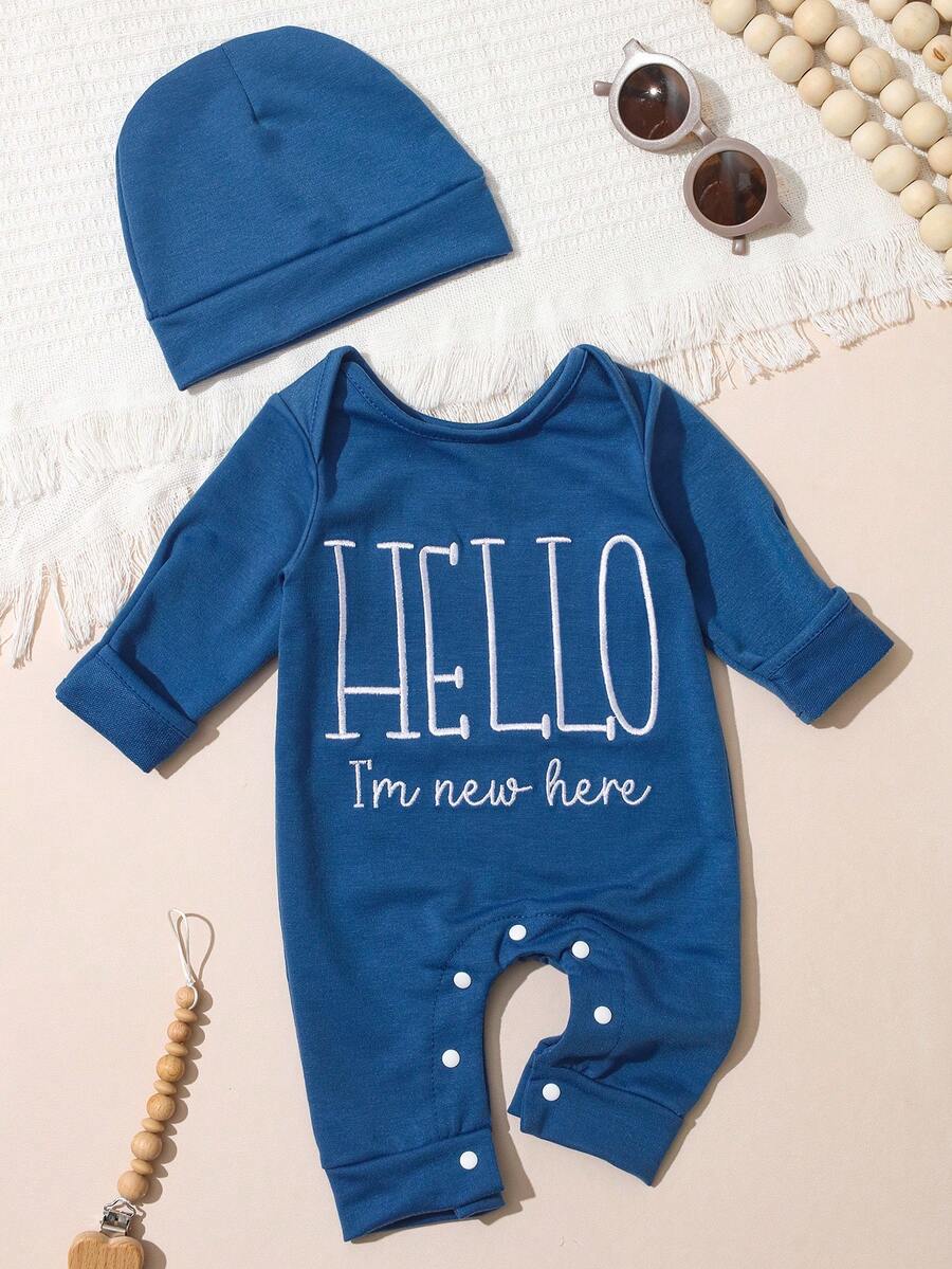 Baby Boys Hello Slogan Knot-Hat Romper Set - Steel Blue