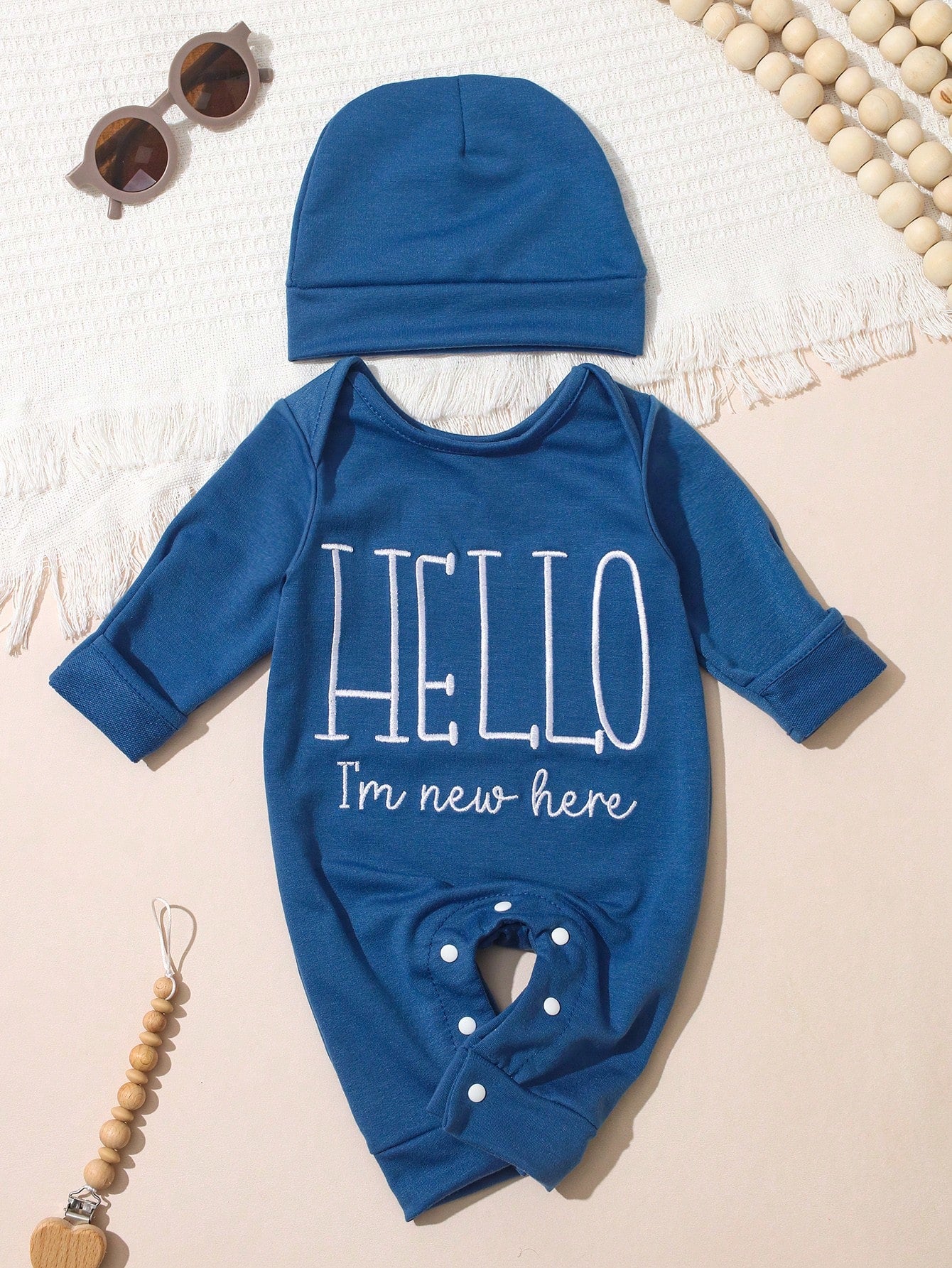 Baby Boys Hello Slogan Knot-Hat Romper Set - Steel Blue
