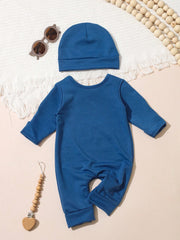 Baby Boys Hello Slogan Knot-Hat Romper Set - Steel Blue