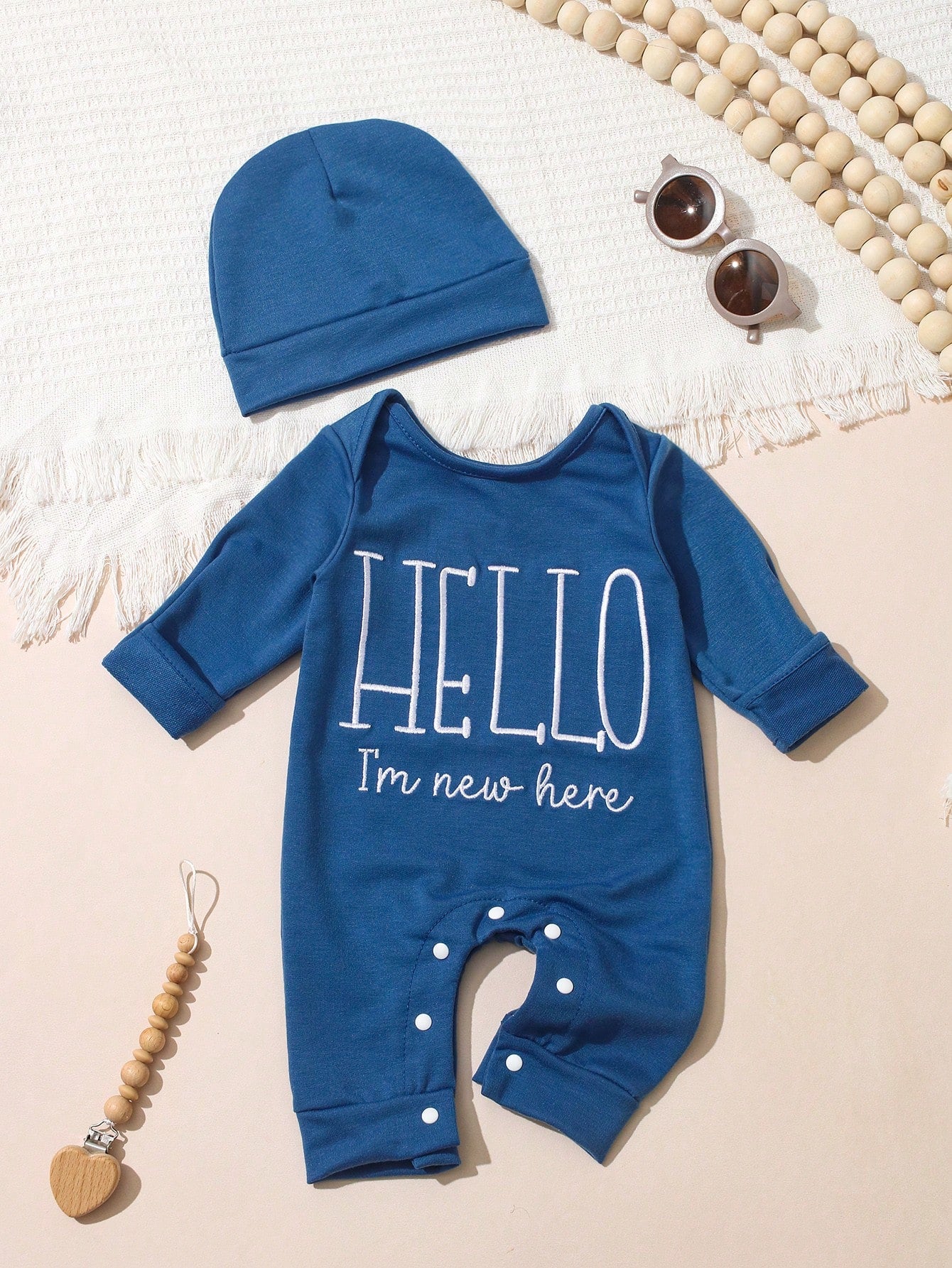 Baby Boys Hello Slogan Knot-Hat Romper Set - Steel Blue