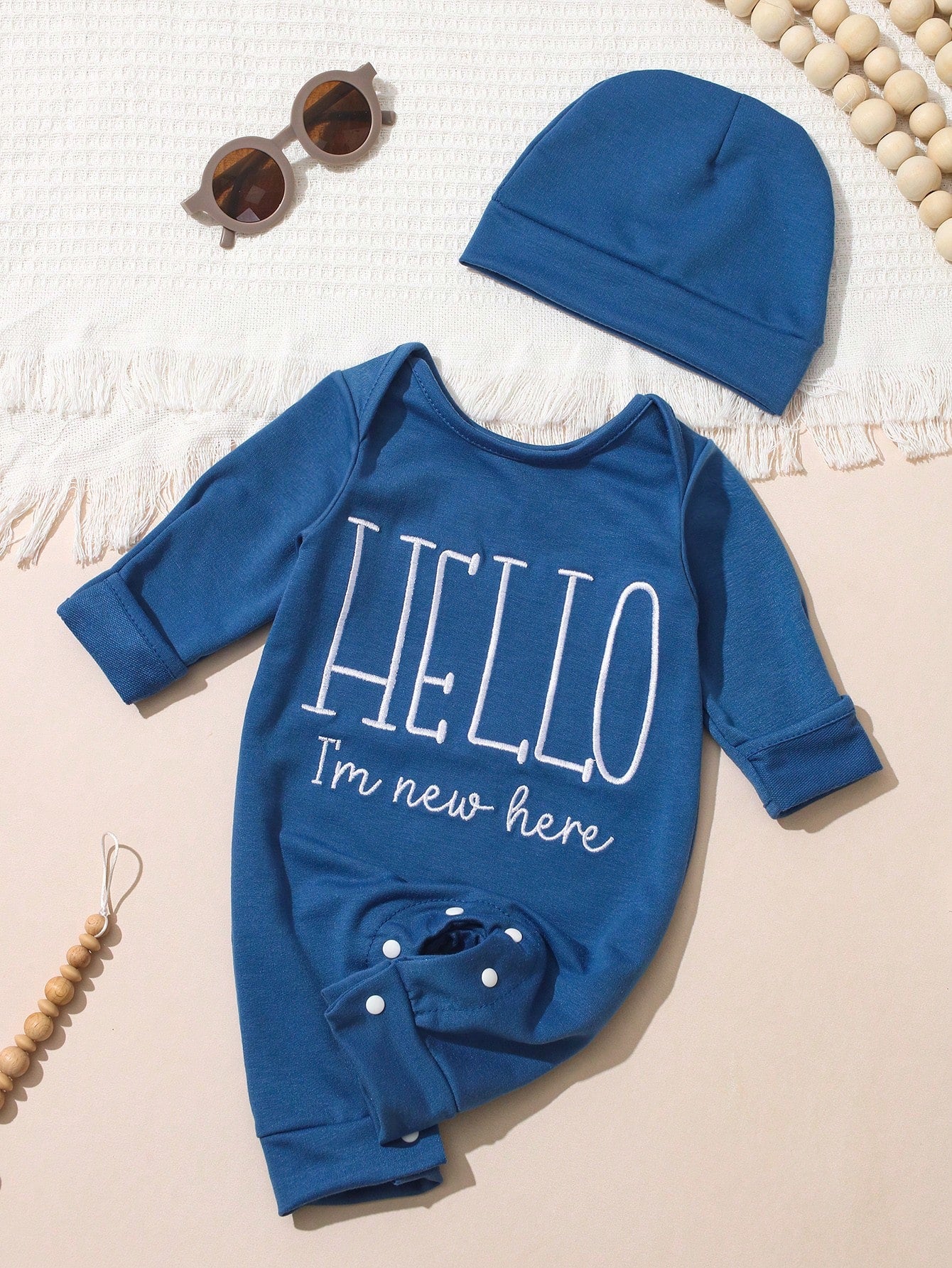 Baby Boys Hello Slogan Knot-Hat Romper Set - Steel Blue