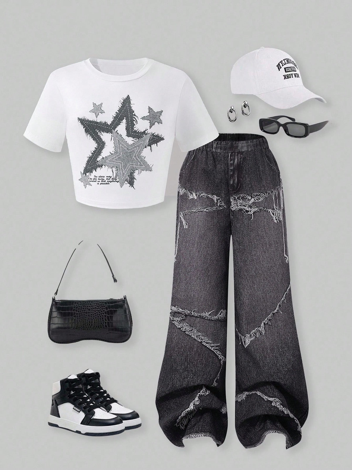 2pcs Big Girls Star Graphic Crop Top & Wide-Leg Jeans Set - Ivory |...
