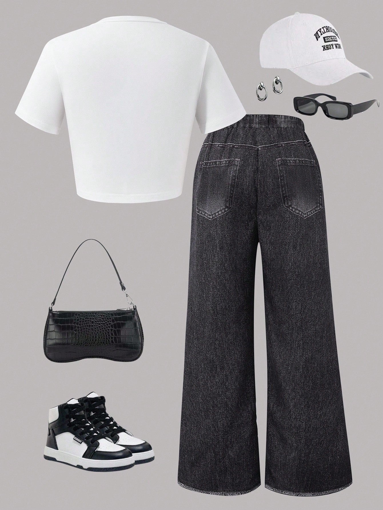 2pcs Big Girls Star Graphic Crop Top & Wide-Leg Jeans Set - Ivory |...