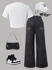 2pcs Big Girls Star Graphic Crop Top & Wide-Leg Jeans Set - Ivory |...