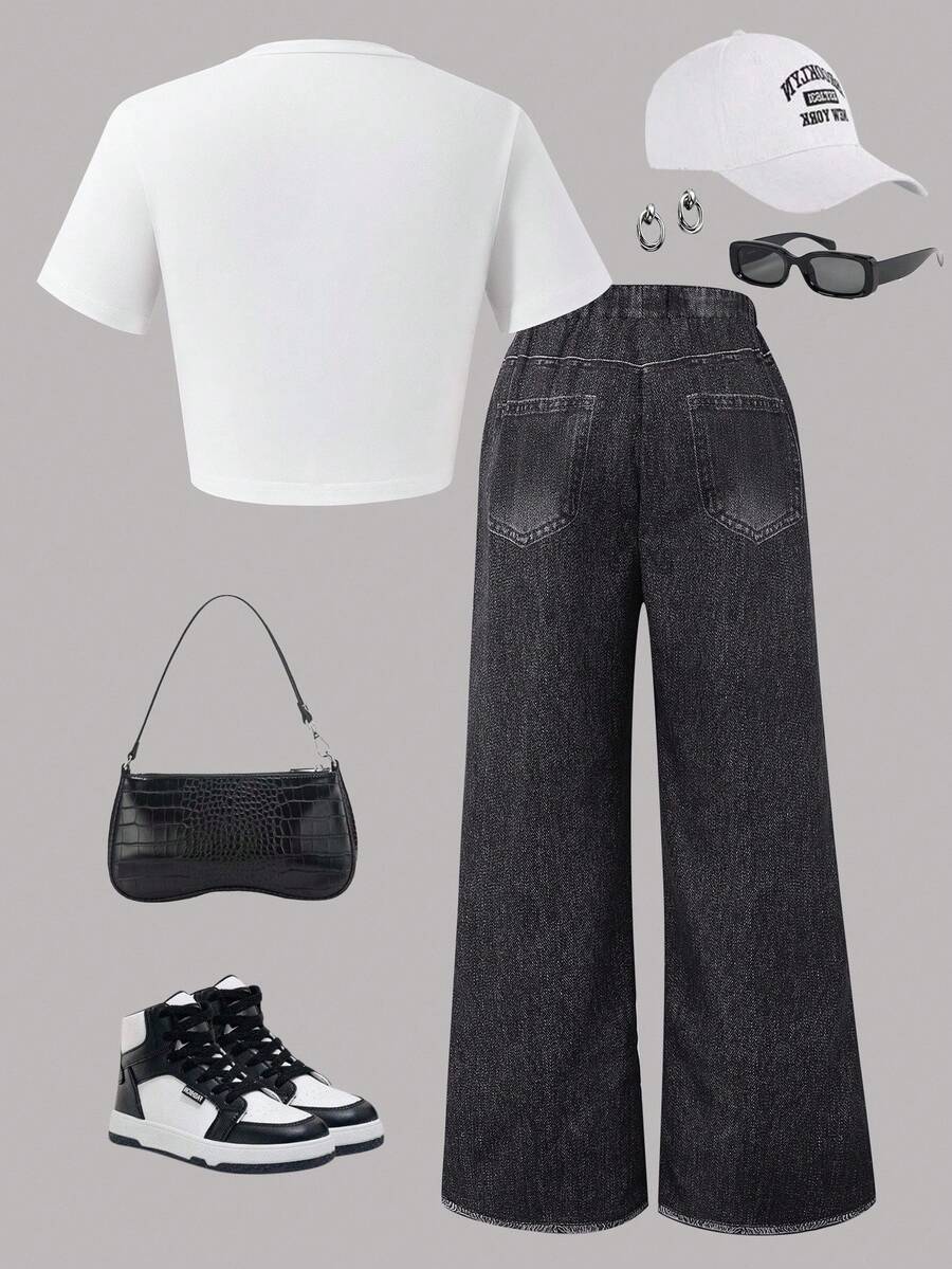 2pcs Big Girls Star Graphic Crop Top & Wide-Leg Jeans Set - Ivory |...