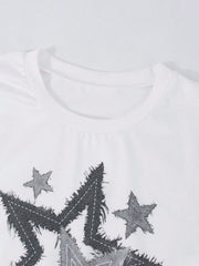 2pcs Big Girls Star Graphic Crop Top & Wide-Leg Jeans Set - Ivory |...