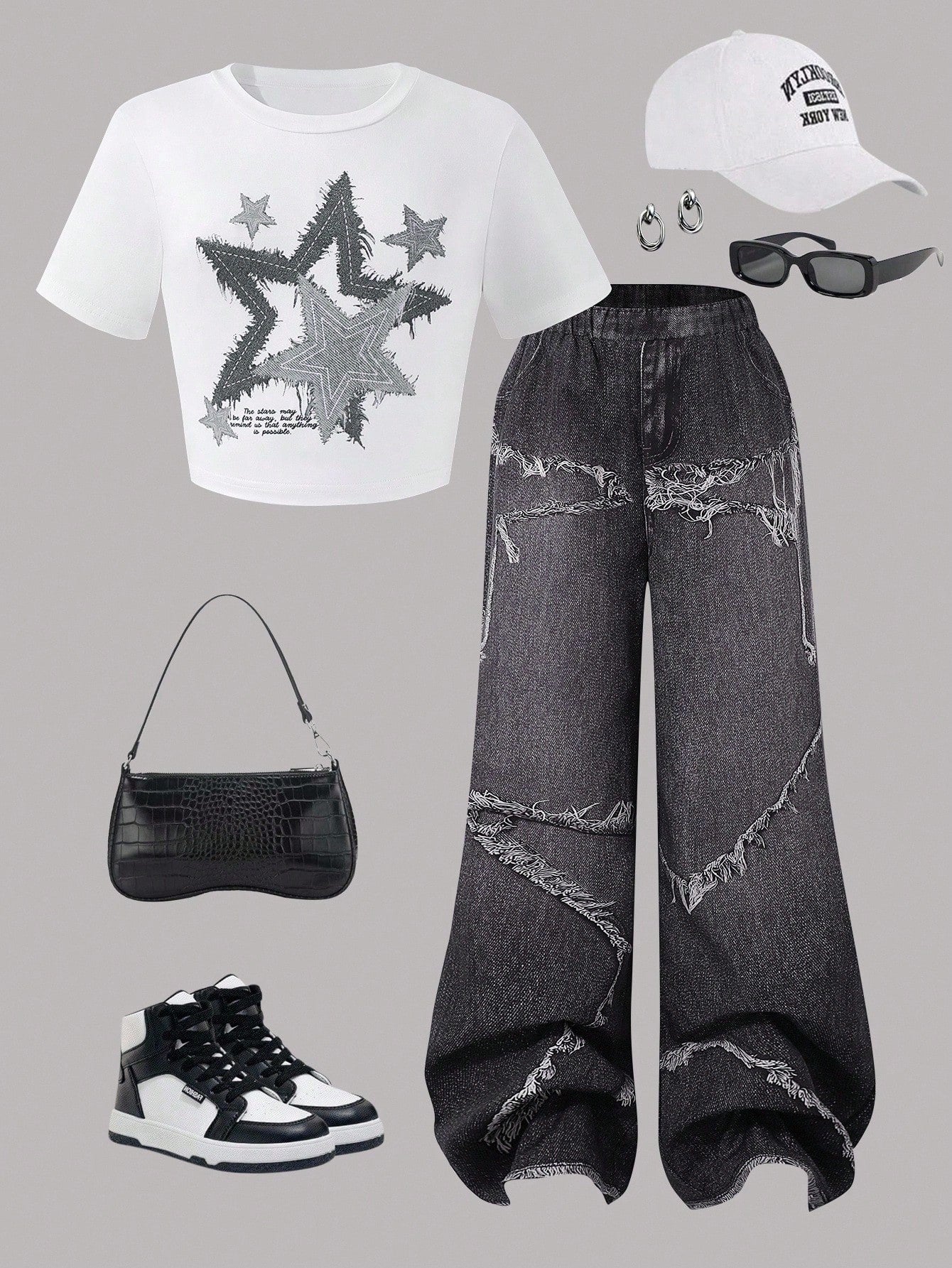 2pcs Big Girls Star Graphic Crop Top & Wide-Leg Jeans Set - Ivory |...