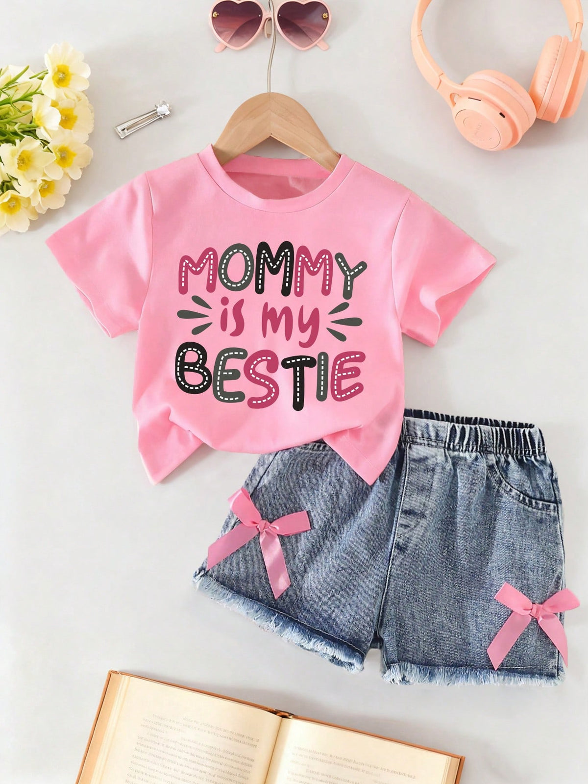 2pcs Girls Mommy's Bestie Graphic Tee & Bow Denim Shorts - Bubblegum