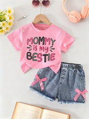 2pcs Girls Mommy's Bestie Graphic Tee & Bow Denim Shorts - Bubblegum