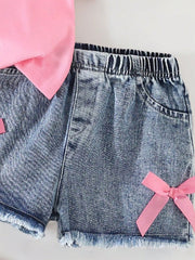 2pcs Girls Mommy's Bestie Graphic Tee & Bow Denim Shorts - Bubblegum