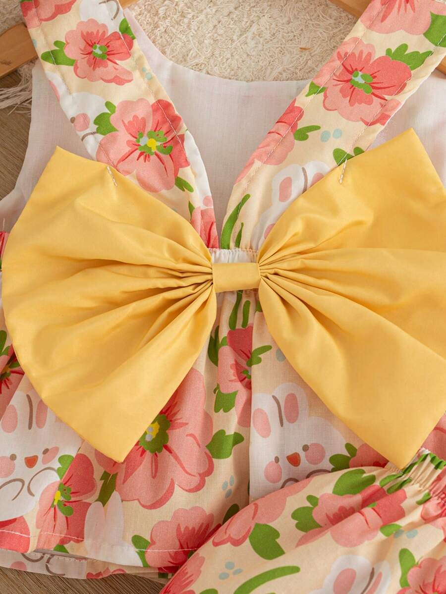 2pcs Girls Floral Print Bow-Back Top & Bloomer Set - Isabelline