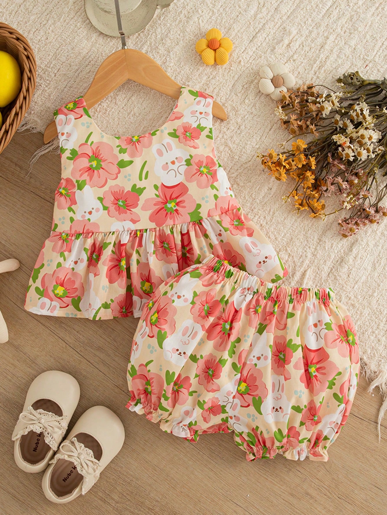 2pcs Girls Floral Print Bow-Back Top & Bloomer Set - Isabelline