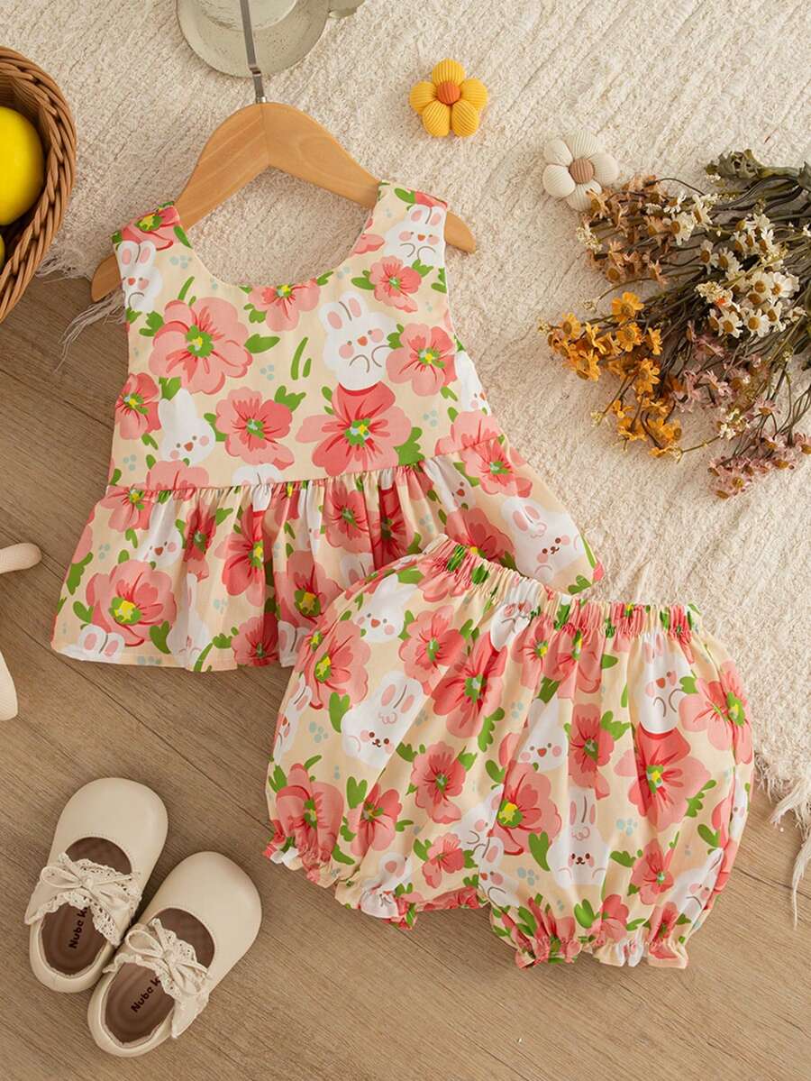 2pcs Girls Floral Print Bow-Back Top & Bloomer Set - Isabelline