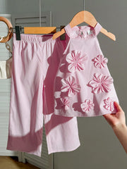 2pcs Girls 3D Floral Stripe Halter Top & Wide-Leg Pants Set - Blush