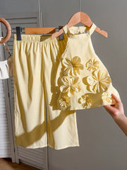 2pcs Girls 3D Floral Striped Halter Top & Wide-Leg Pants Set - Buttercup