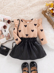 2pcs Baby Girls Heart Print Flutter Sleeve Top & Skirt Set - Buff |...