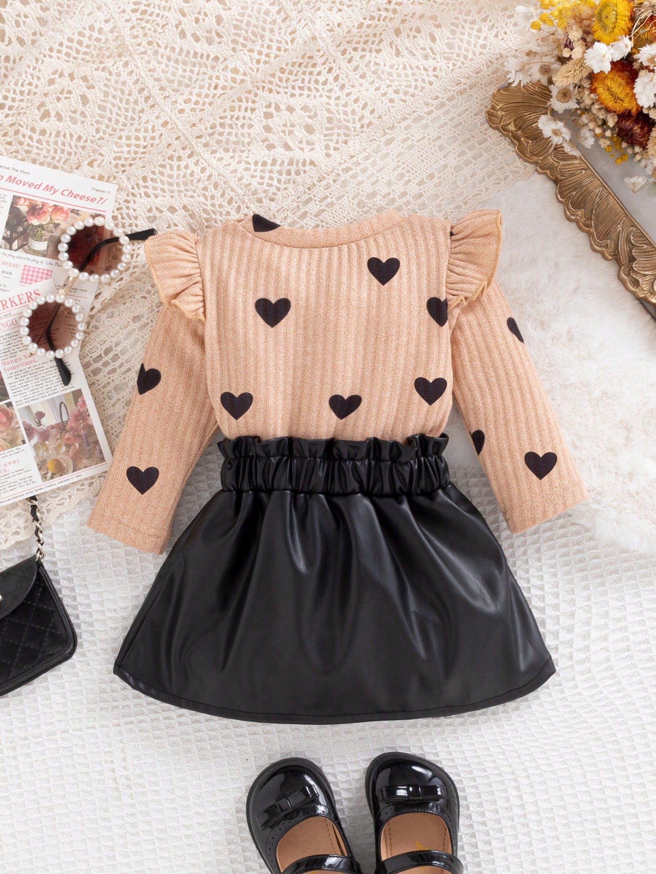 2pcs Baby Girls Heart Print Flutter Sleeve Top & Skirt Set - Buff |...
