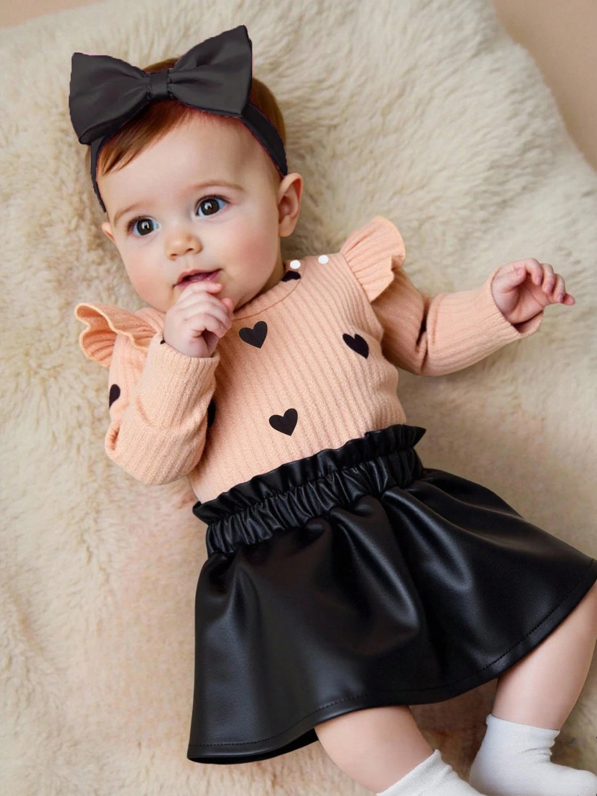 2pcs Baby Girls Heart Print Flutter Sleeve Top & Skirt Set - Buff |...