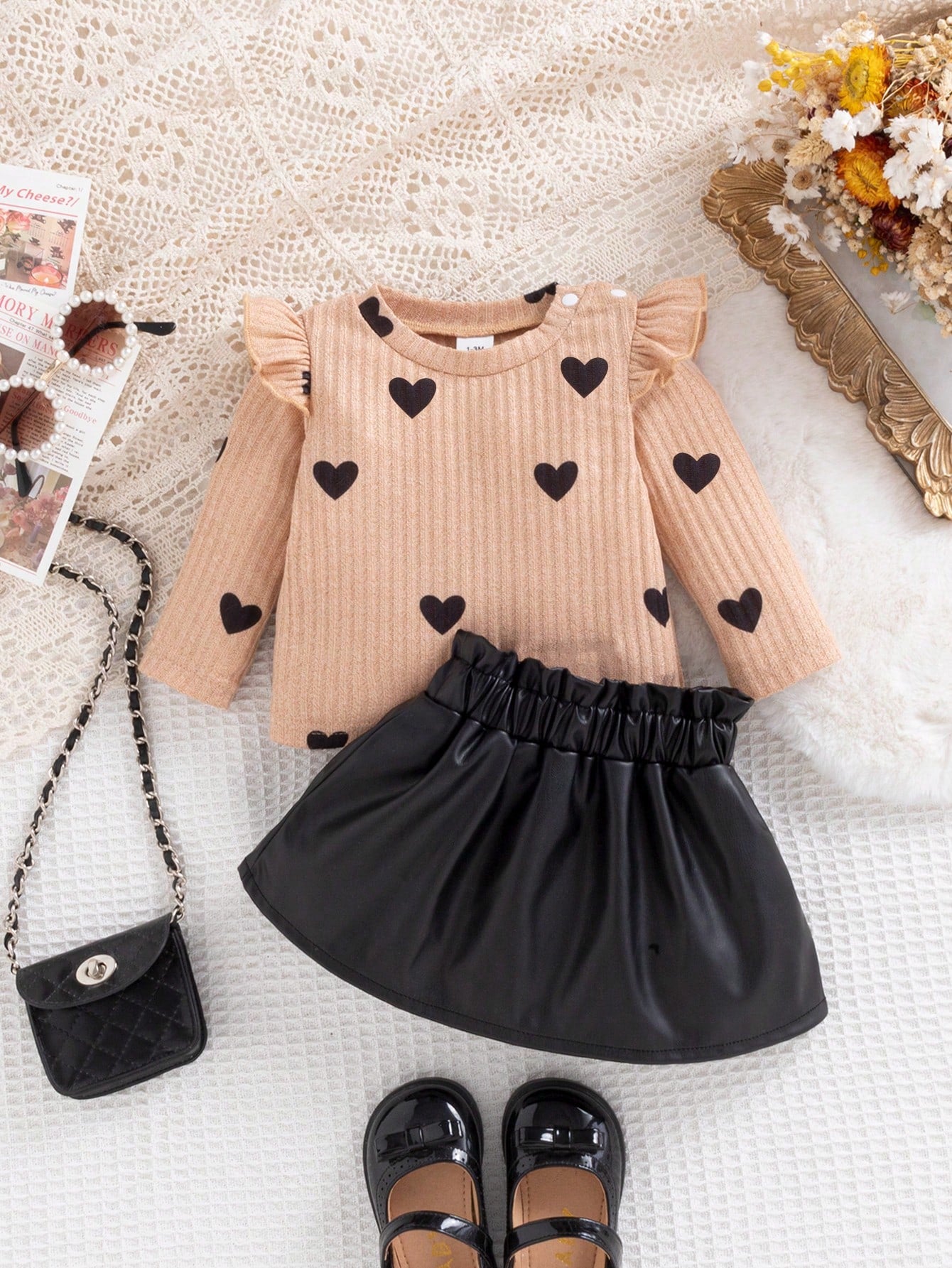 2pcs Baby Girls Heart Print Flutter Sleeve Top & Skirt Set - Buff |...