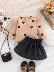 2pcs Baby Girls Heart Print Flutter Sleeve Top & Skirt Set - Buff |...