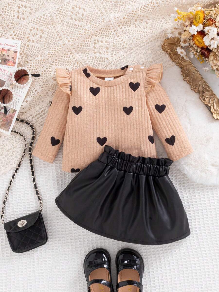 2pcs Baby Girls Heart Print Flutter Sleeve Top & Skirt Set - Buff |...
