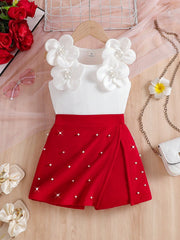2pcs Little Girls 3D Floral Pearl Tank Top & Skirt Set - Scarlet | ...
