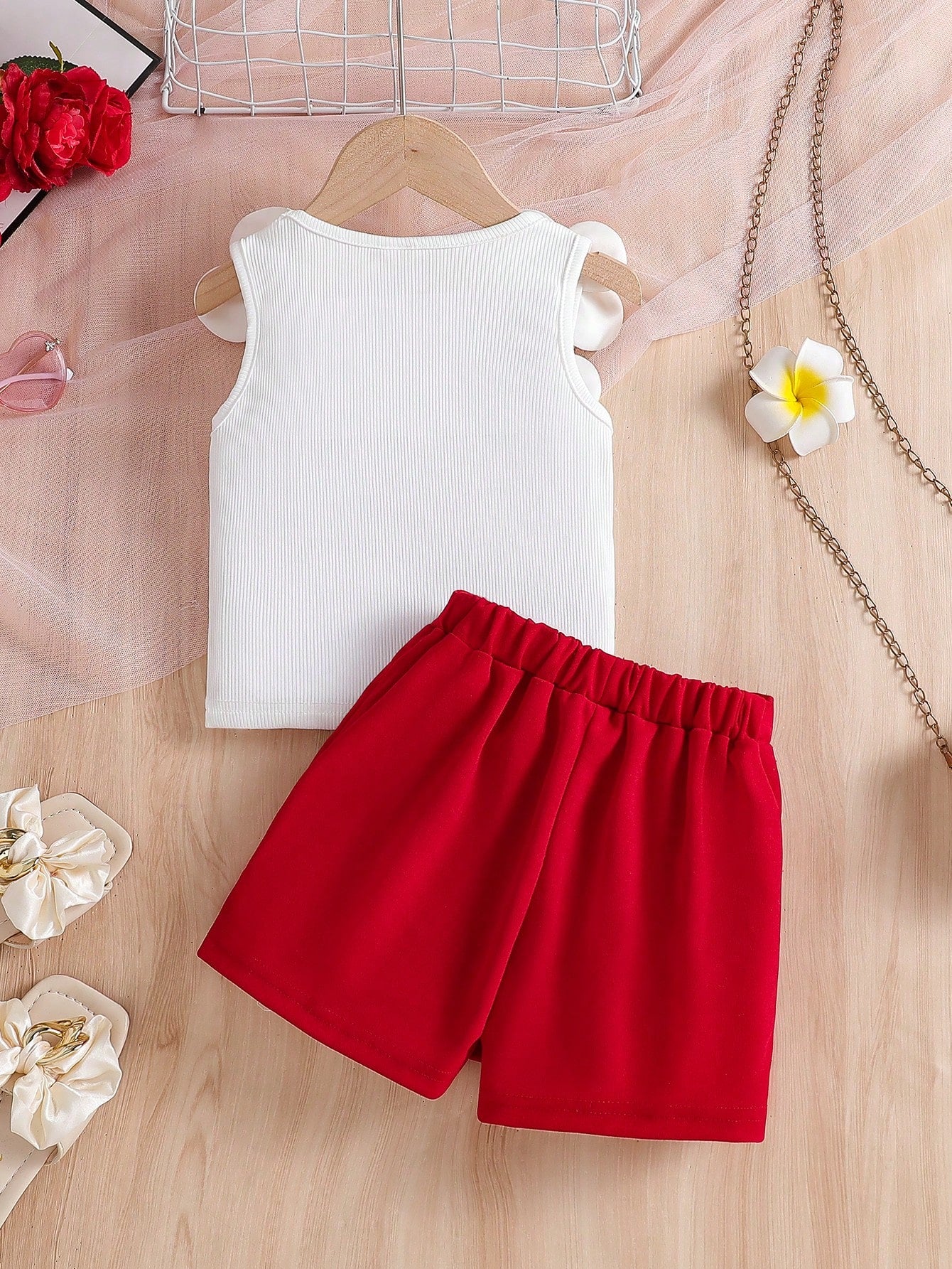 2pcs Little Girls 3D Floral Pearl Tank Top & Skirt Set - Scarlet | ...