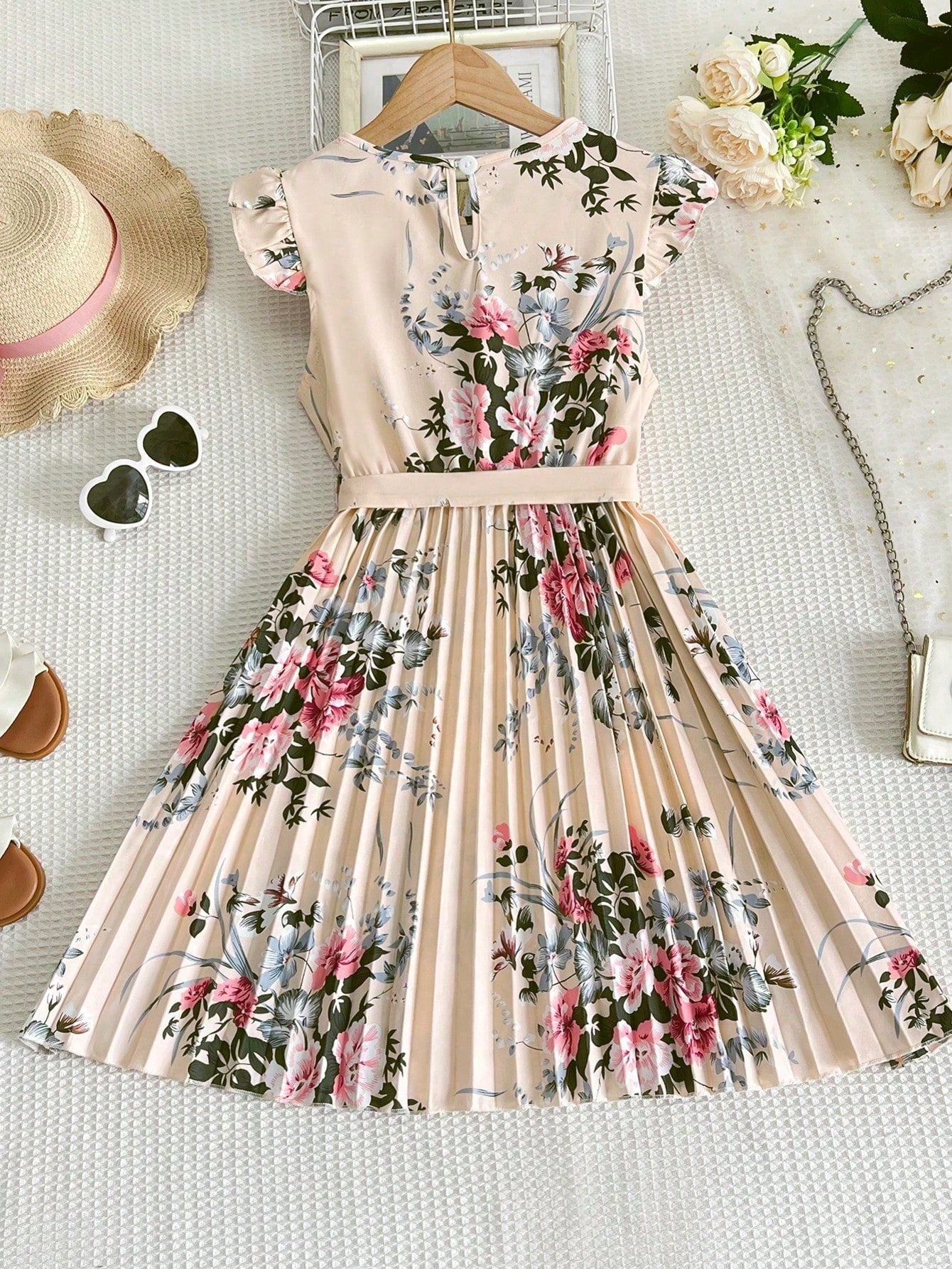 Big Girls Floral Pleated Flutter Sleeve Midi Dress - Champagne | 21...