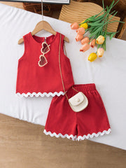 2pcs Girls Textured Crepe Ric-Rac Trim Top & Shorts Set - Scarlet |...
