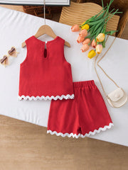 2pcs Girls Textured Crepe Ric-Rac Trim Top & Shorts Set - Scarlet |...