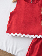 2pcs Girls Textured Crepe Ric-Rac Trim Top & Shorts Set - Scarlet |...