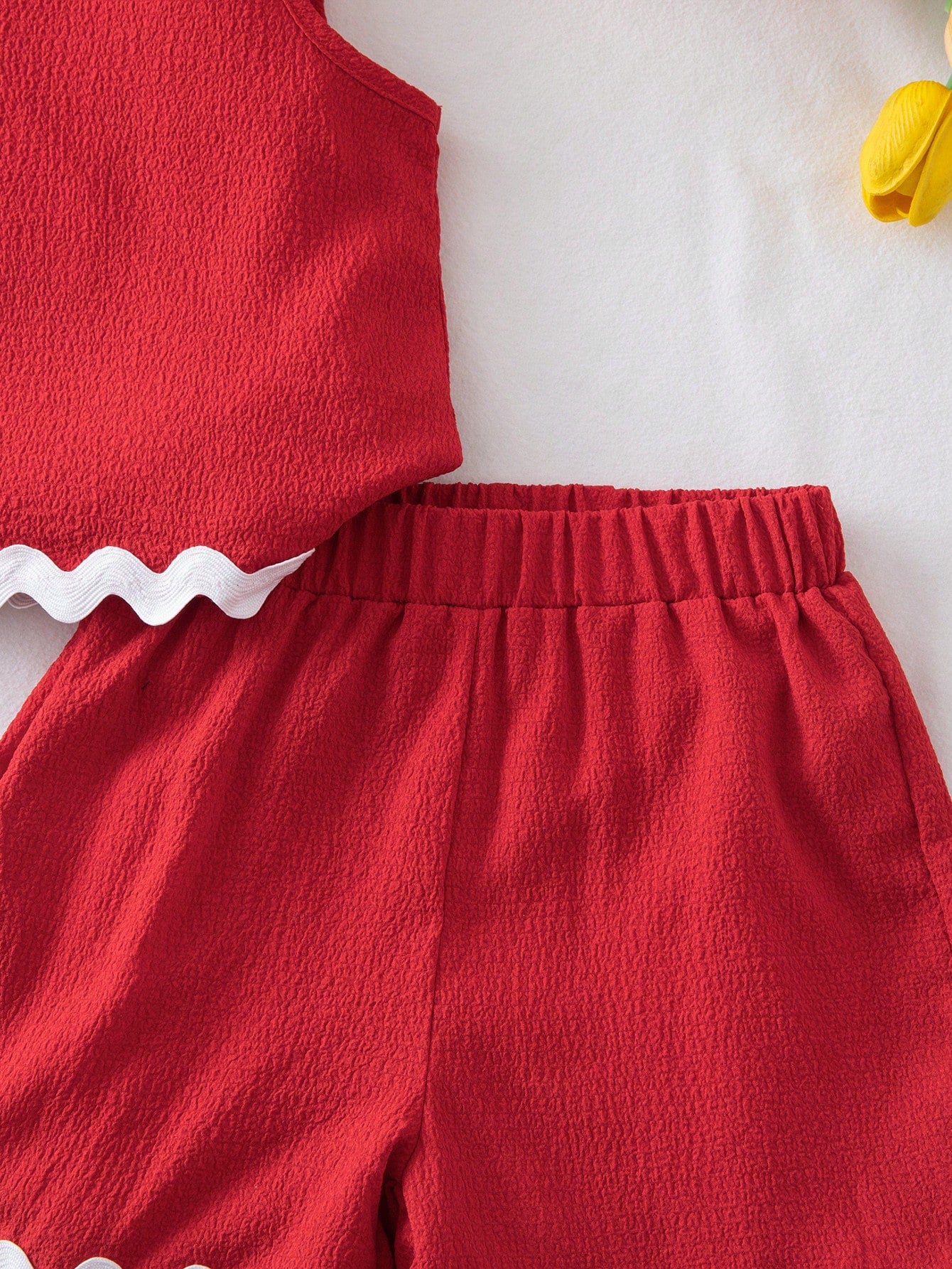 2pcs Girls Textured Crepe Ric-Rac Trim Top & Shorts Set - Scarlet |...