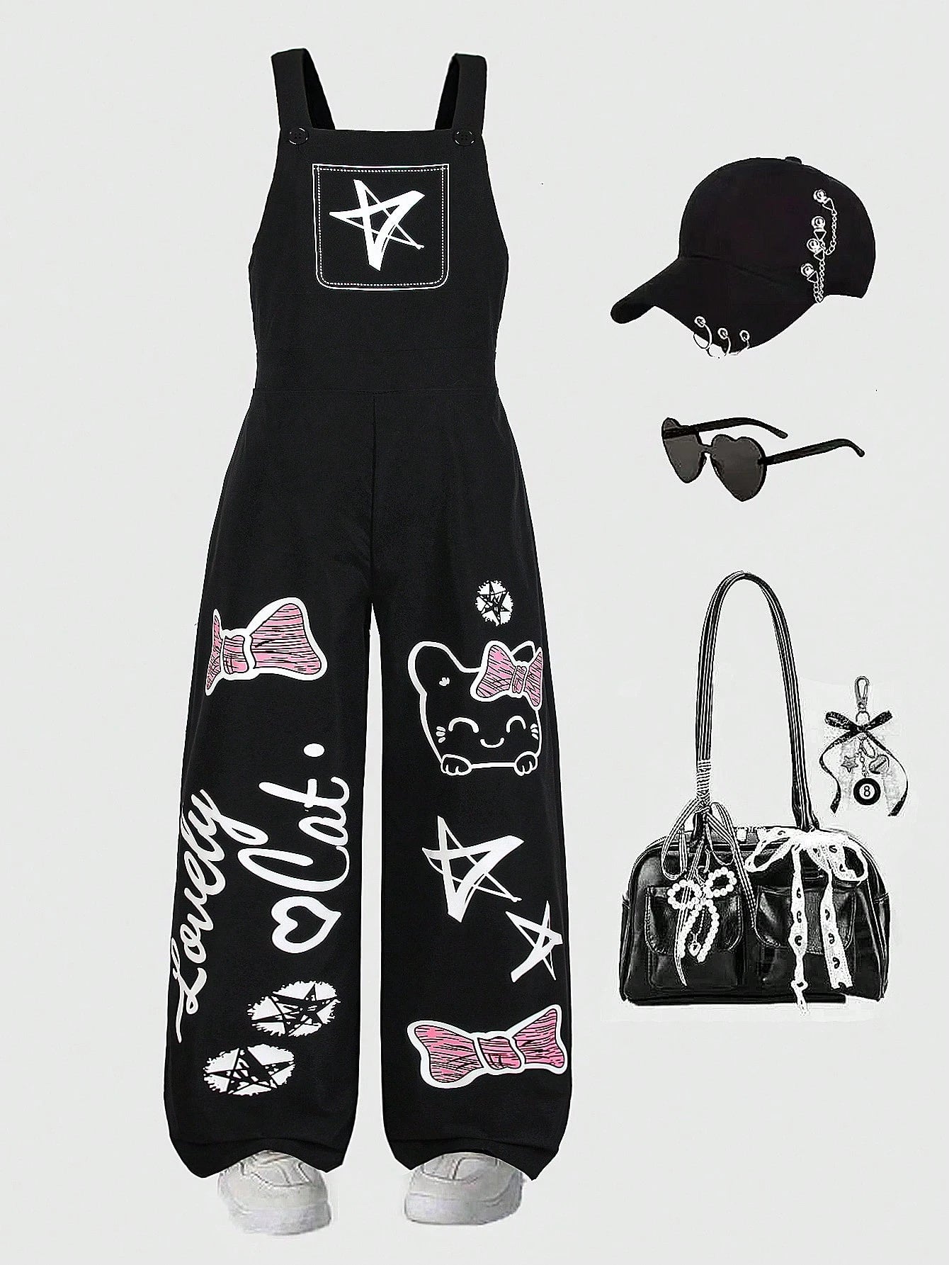 Big Girls Y2K Graffiti Cat Print Wide-Leg Bib Overall - Onyx | 21 C...