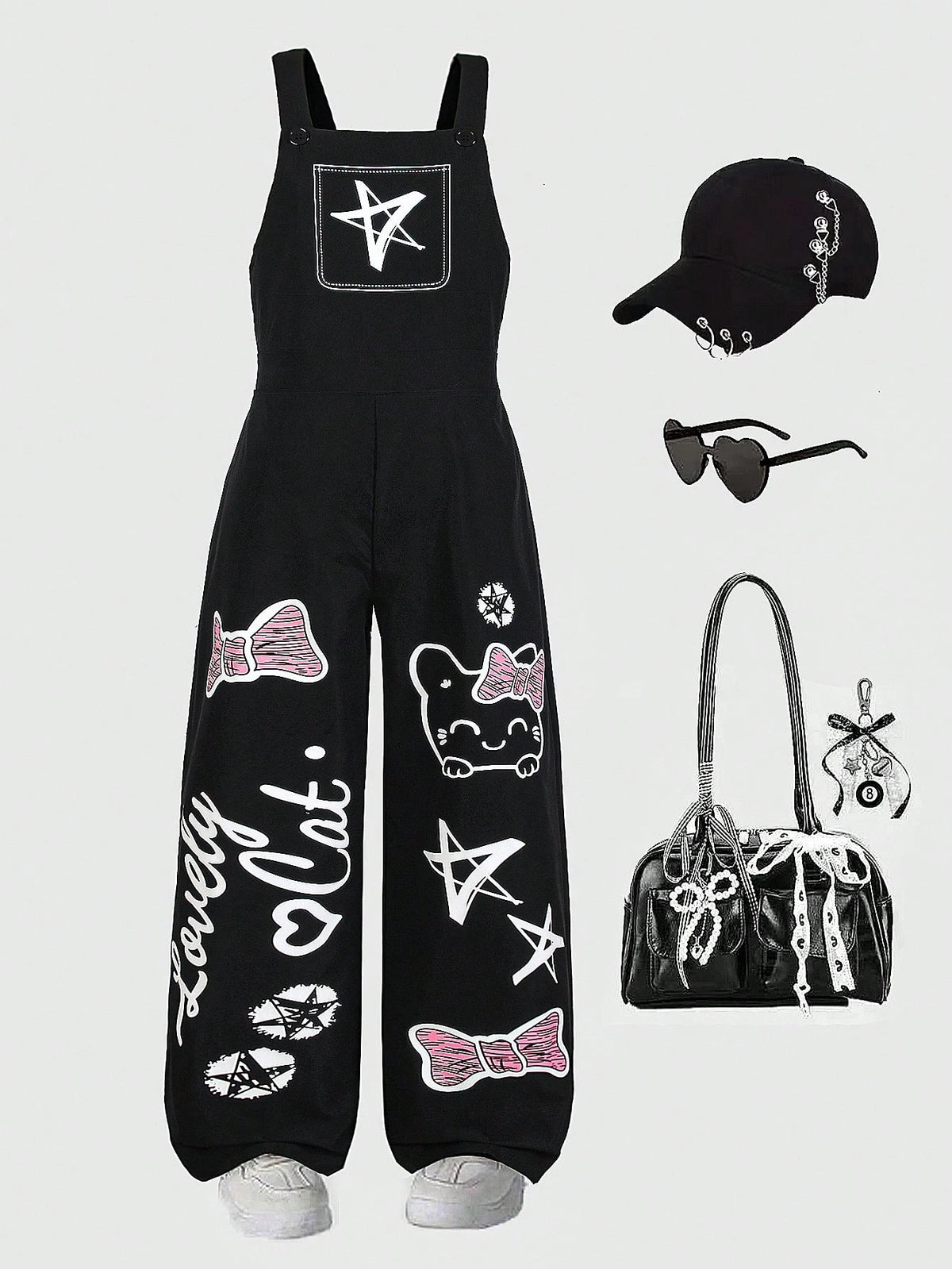 Big Girls Y2K Graffiti Cat Print Wide-Leg Bib Overall - Onyx | 21 C...