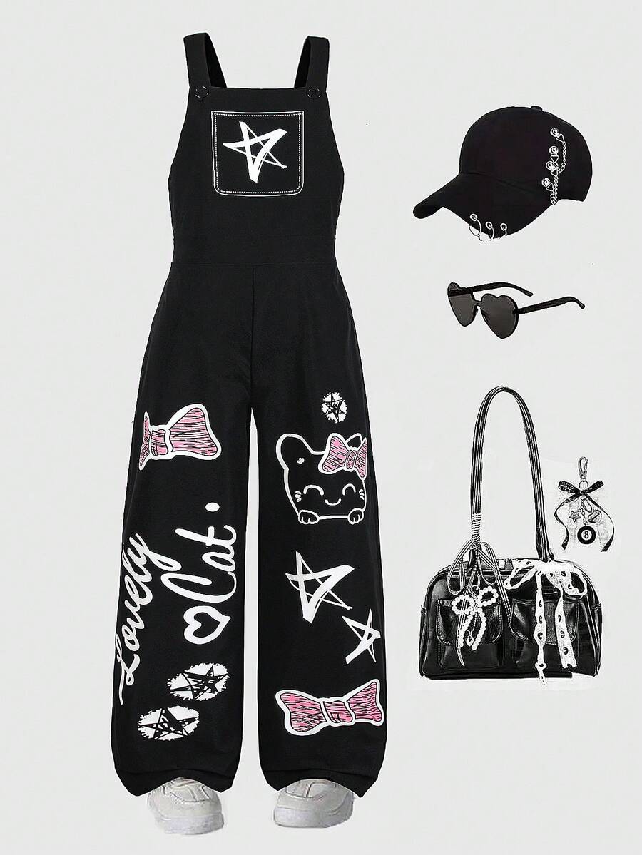Big Girls Y2K Graffiti Cat Print Wide-Leg Bib Overall - Onyx | 21 C...