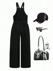 Big Girls Y2K Graffiti Cat Print Wide-Leg Bib Overall - Onyx | 21 C...
