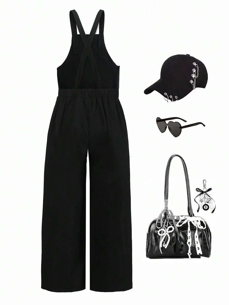 Big Girls Y2K Graffiti Cat Print Wide-Leg Bib Overall - Onyx | 21 C...