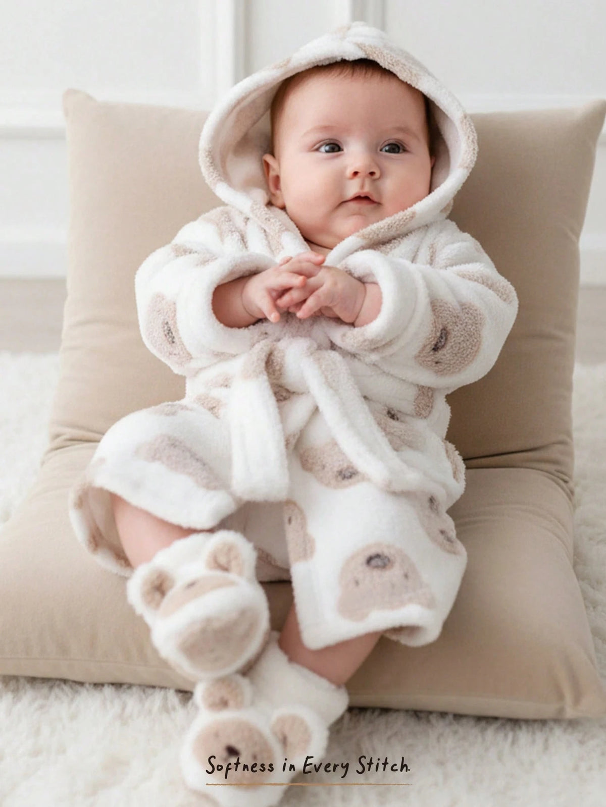 Baby Unisex Bear Print Fleece Hooded Tie-Front Robe - Ivory | 21 Ce...
