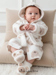 Baby Unisex Bear Print Fleece Hooded Tie-Front Robe - Ivory | 21 Ce...
