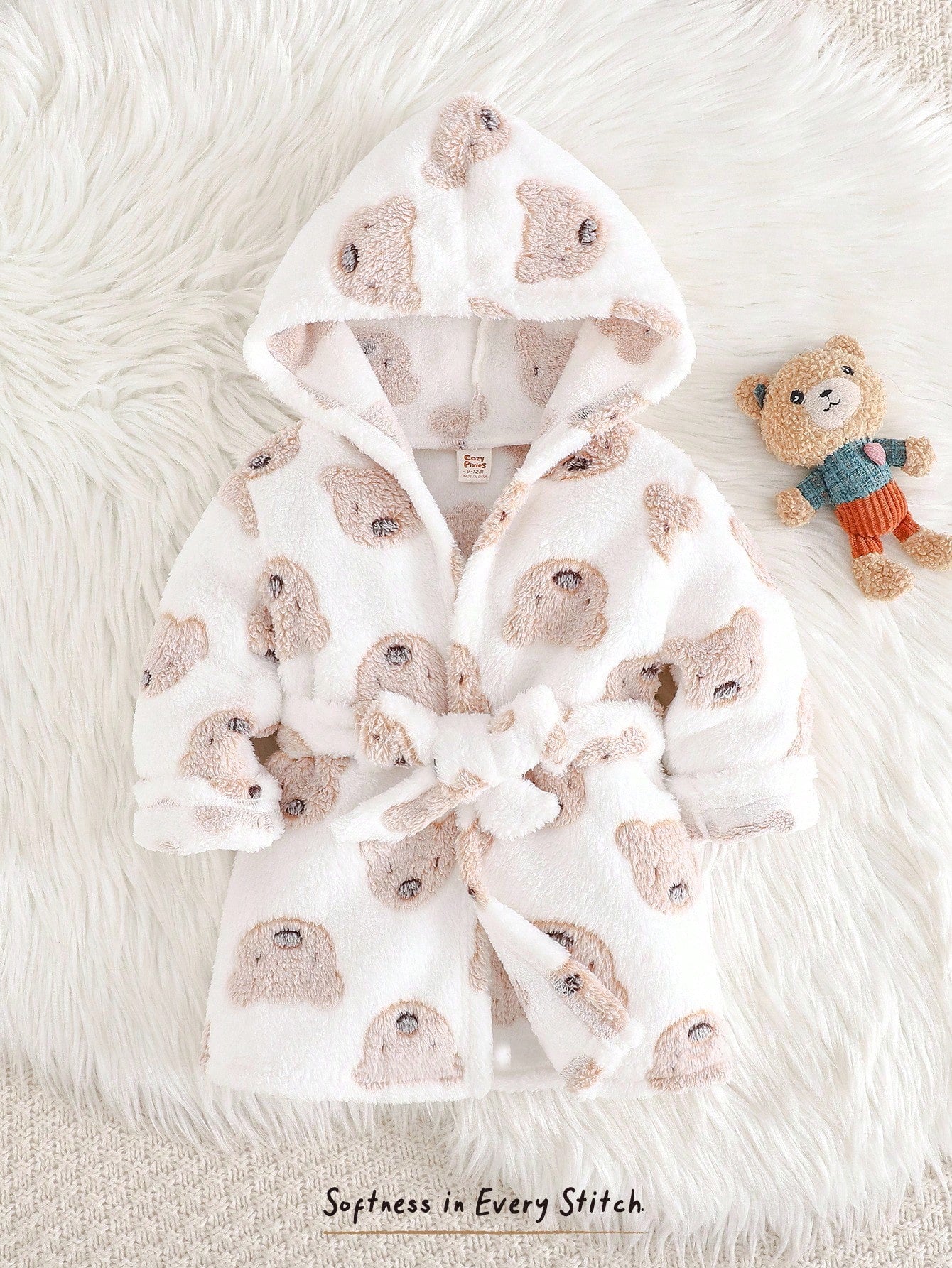 Baby Unisex Bear Print Fleece Hooded Tie-Front Robe - Ivory | 21 Ce...