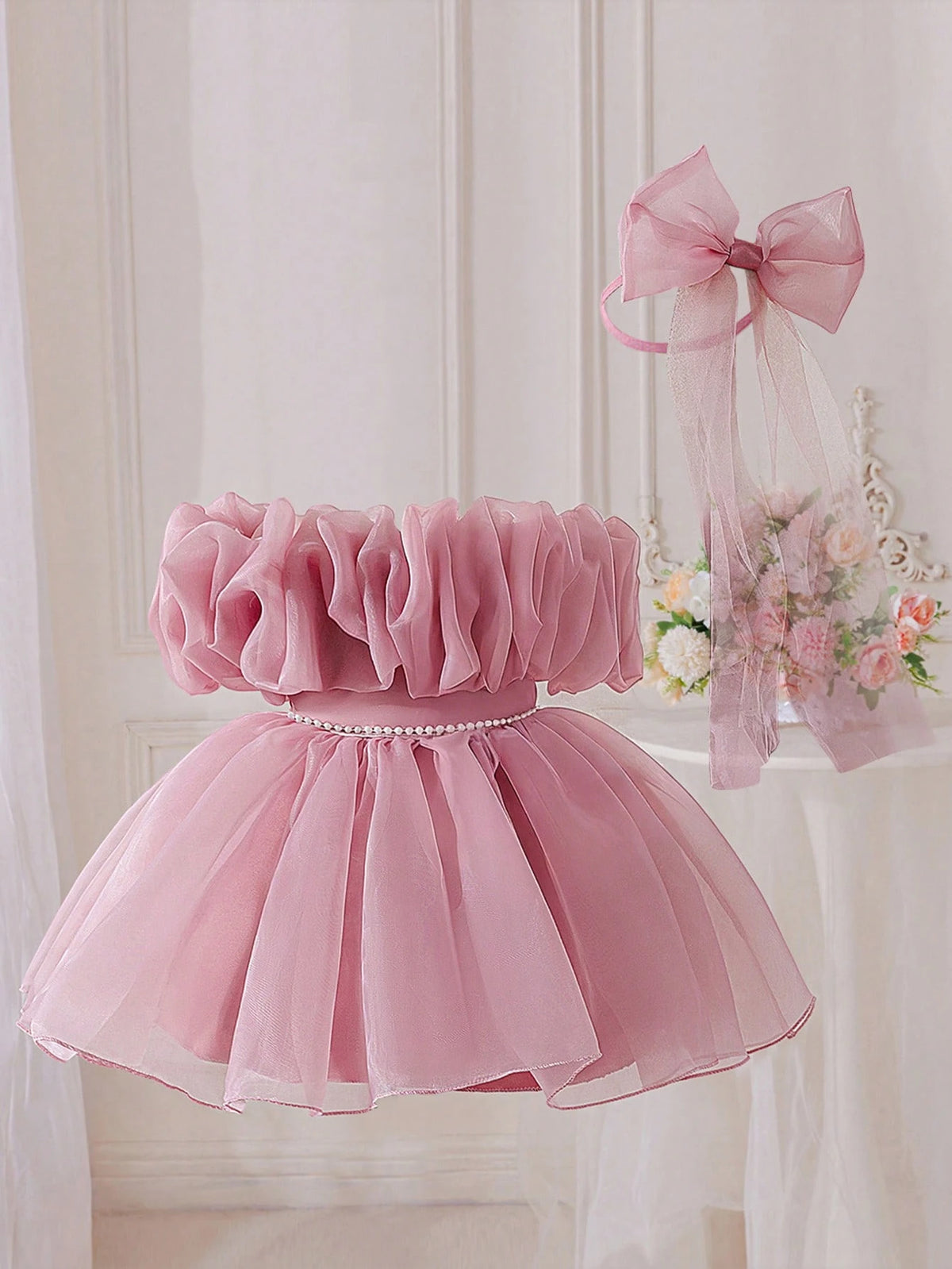 Girls Ruffle Organza Off-Shoulder Pearl-Waist Party Dress - Blush |...