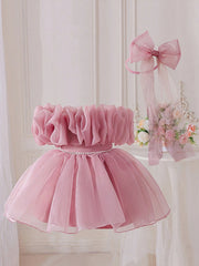 Girls Ruffle Organza Off-Shoulder Pearl-Waist Party Dress - Blush |...