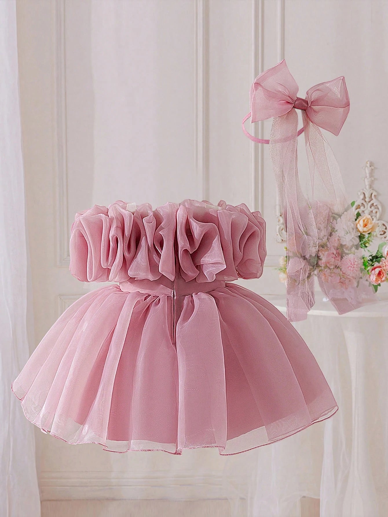 Girls Ruffle Organza Off-Shoulder Pearl-Waist Party Dress - Blush |...