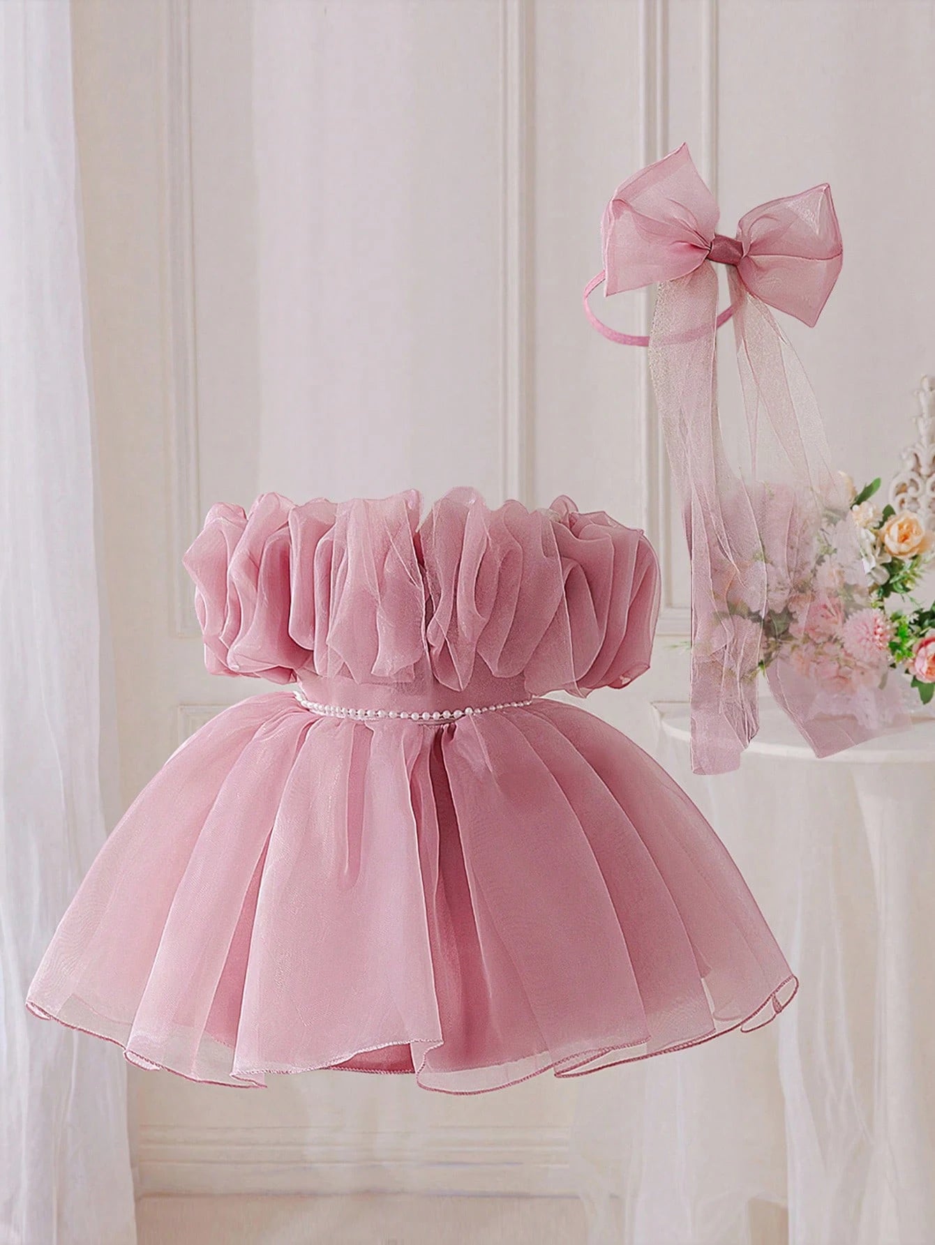 Girls Ruffle Organza Off-Shoulder Pearl-Waist Party Dress - Blush |...