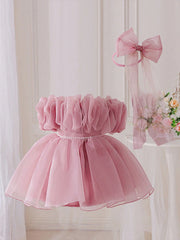 Girls Ruffle Organza Off-Shoulder Pearl-Waist Party Dress - Blush |...